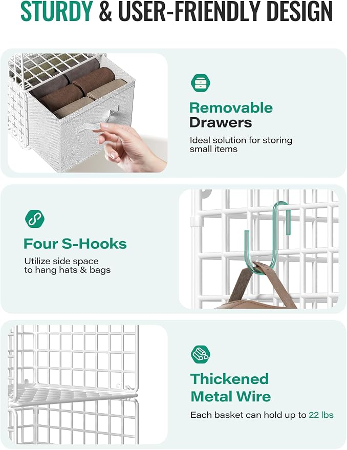 Hanging Closet Organizer with Drawers, 4 Tier Metal Closet Organizers and Storage with 4 Hanging Hooks 4 S-Hooks for Wardrobe Laundry Room, Wire Storage Shelf for Clothes Sweaters Pants (White) - Image 3