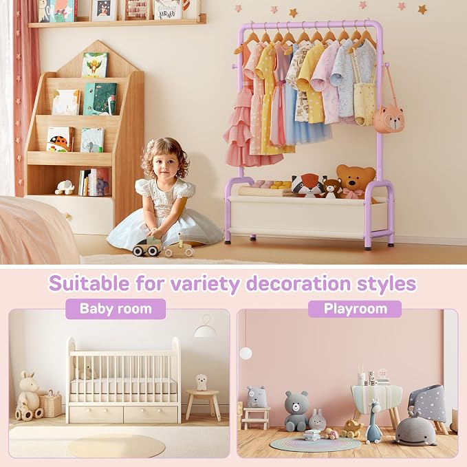 Kids Clothing Rack with Storage Shelf, Kids Dress Up Storage | for Coats, Small Baby Garment Rack for Hanging Clothes, Toddler Wardrobe Closet Organizer (Purple, Classic) - Image 6