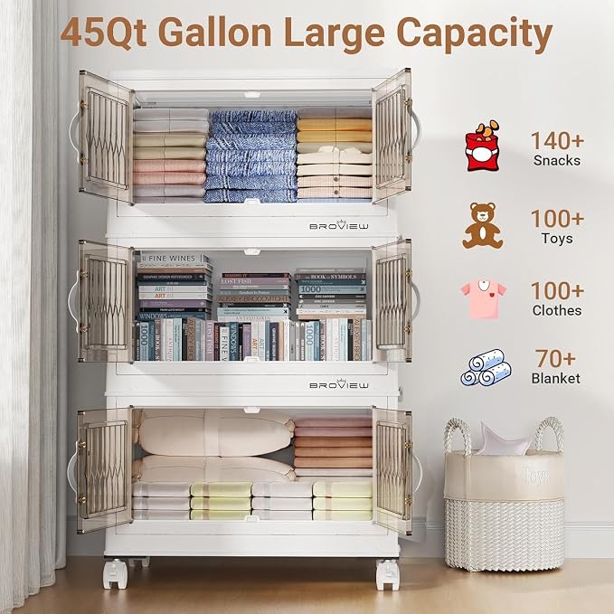BROVIEW 180Qt Stackable Storage Bins with Lid, Extra Large Closet Organizer Collapsible Drawer Boxes with Wheels, Folding Plastic Cabinet Containers for Home Kitchen Room Organization, 4Pack White - Image 4