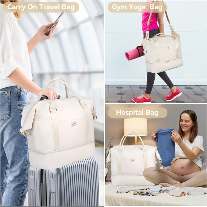 Voova Weekender Duffle Bag Set with Shoe Compartment, 4 Piece, Beige | Carry-on travel set includes weekender, shoe bag, toiletry bag and makeup pouch for organized overnight trips - Image 6