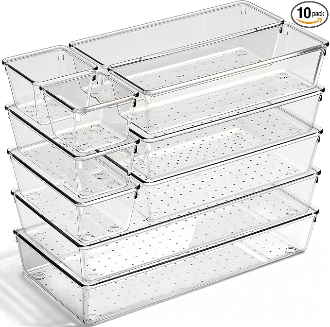 Drawer Organizer, 10 Pack Large Clear Plastic Organizer Bins 5 Sizes, Versatile Bathroom Drawer Trays, Heavy Duty Non‑Slip Drawer Dividers for Makeup, Office & Kitchen Utensils by CHOWAY