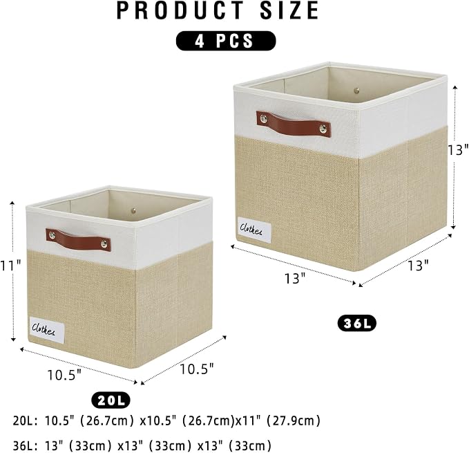 Collapsible Fabric Storage Cube Bins with 2 Reinforced PU Handles, Foldable Storage Organizer Baskets for Closet, Shelves, Living Room | 11"x11"x11", 4 Pack, Beige & White - Image 2