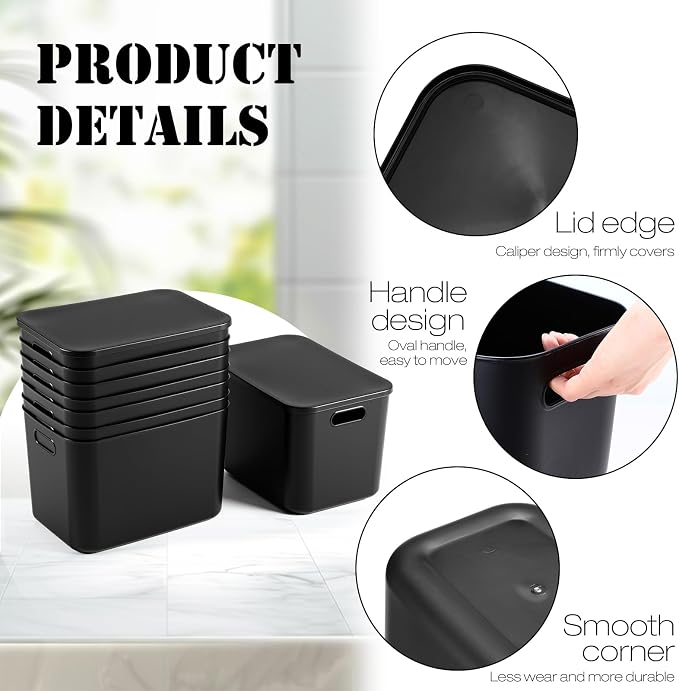 8 Pack Storage Bins, 14.2 X 10.2 X 9.5 Inch Black | Plastic Stackable Containers with Lid Handle, For Shelves Desktop Playroom Office, Organizing Toys Books Supplies Storage - Image 3