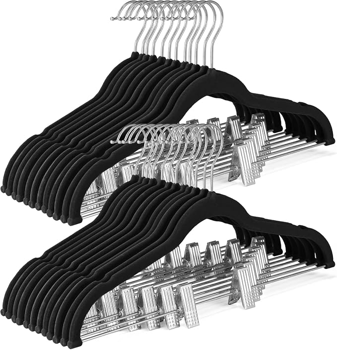 HOUSE DAY Velvet Skirt Hangers 72 Pack, Black Hanger with Adjustable Clips | Space Saving Slim Felt Pant Hanger, Heavy Duty Shorts Hanger, Non Slip Clip Hangars for Pants, Skirts, Shorts, Outfit by HOUSEDAY