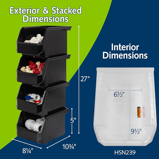 Medium-Tall Stackable Plastic Storage Bins, 4-Pack, Black | Open-Front Stackable Bins For Garage, Pantry, Closet & Office, 7"L X 11"W X 8"H, Nests When Empty, Durable Plastic - Image 2
