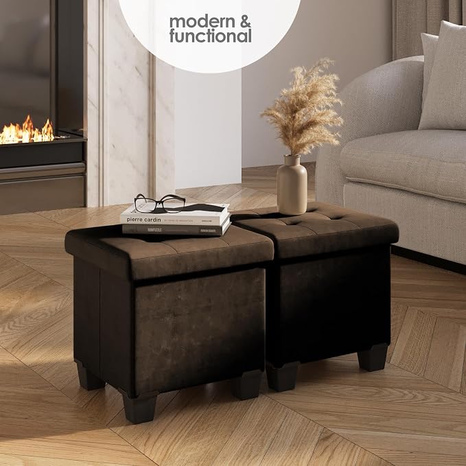 Storage Ottoman Cube with Small Bin, 15-in Square Ottoman with Storage for Living Room and Bedroom, Small Ottomans Foot Rest, Velvet Foot Stools Ottomans Max 330lbs, Brown - Image 2