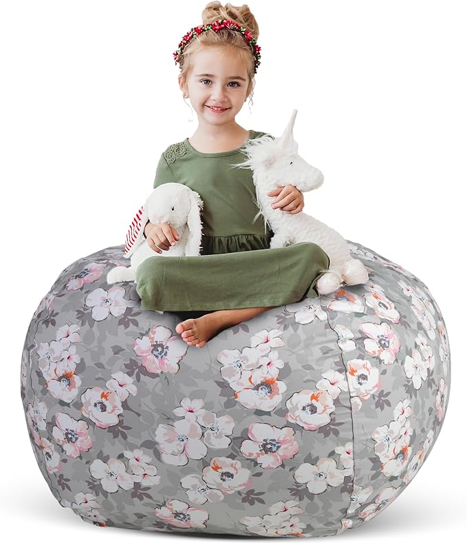 Stuff ’n Sit Extra Large 38’’ Bean Bag Storage Cover for Stuffed Animals & Toys, Giant Beanbag Chair for Kids Ages 3-14, Bedroom Organizer, Grey Floral by CreativeQT