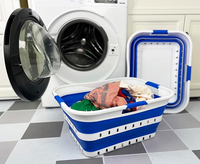 SAMMART 42L (11 gallons) Set of 2 Plastic Foldable Storage Basket/Container - Collapsible, Space Saving and Portable Laundry Hamper, Ideal for Home, Travel, Dorm (2, White/Dark Blue) - Image 2