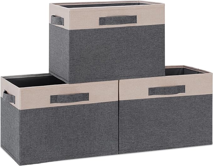 GhvyenntteS Large Fabric Storage Bins for Shelves with 3 Handles, 15x11x9.6 Inch Closet Storage Bins, Sturdy Foldable Storage Baskets for Shelves Closet Bedroom Living Room Office (Beige, Set of 3) by GhvyenntteS