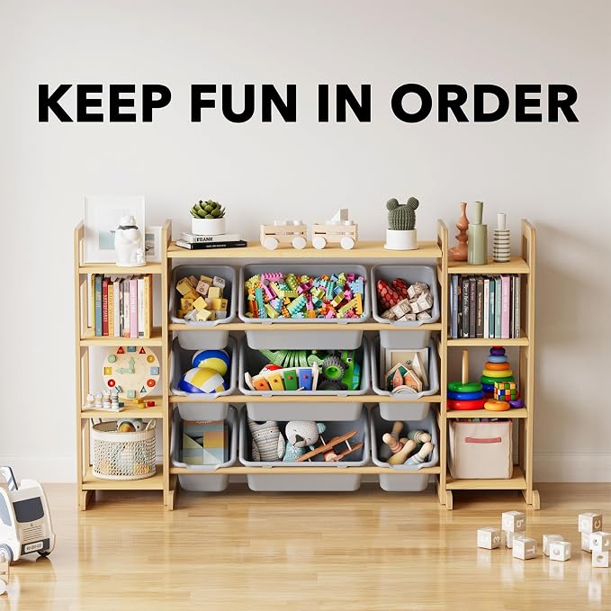 SpaceAid Large Toy Storage Organizer 9 Shelves 9 Bins, Toy Organizers Storage Bookshelf, Kids Bin Shelf Toys Box Bookcase for Bedroom Playroom Organization Room Decor, Neutral Gray - Image 6