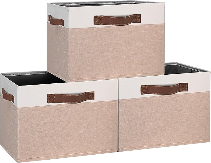 GhvyenntteS Large Fabric Storage Bins with Handles, 15x11x9.6 Inch Storage Baskets for Shelves, Foldable Closet Storage Bins for Shelves, Closet Organizers and Storage Boxes, Beige Yellow&White by GhvyenntteS
