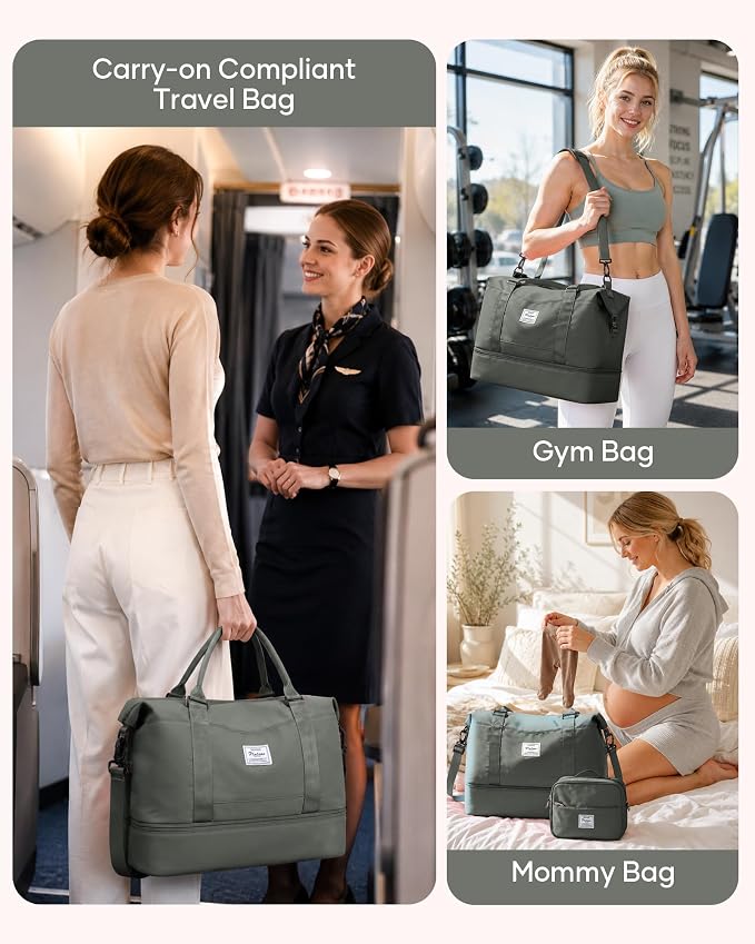 Travel Duffel Weekender Bag Women Tote Carry On Bags With Shoe Compartment | 18x14x8 inches Travel Overnight Bags with Trolley Sleeve for Airplanes Waterproof Sport Tote Gym with Toiletry Bag Green - Image 8