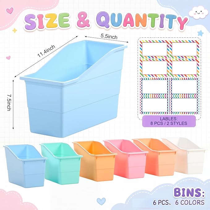 Blosssound 6 Set Book Bins for Classroom Stackable,Cloud Pastel | Plastic Baskets with Labels, Slanted Front, Library Supplies Organizers, Desktop Storage Bins, Teachers Home School Use - Image 3