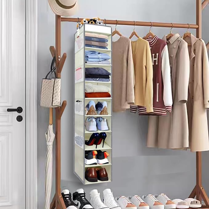 Large-Sized Hanging Shoe Organizer 10-Shelf, Sturdy Hanging Closet Organizer with 8 Side Pockets, Wider Hanging Shelves for Storage Shoes Clothes Jeans Shirts Toys, Beige - Image 2