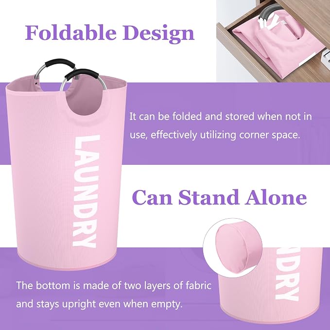 125L Pink Laundry Basket, Extra Large Clothes Basket with Handles, Waterproof Dirty Clothes Hamper, Collapsible Laundry Bin Stand Upright, Sturdy Storage Basket for Bathroom, Flat, Pink - Image 7