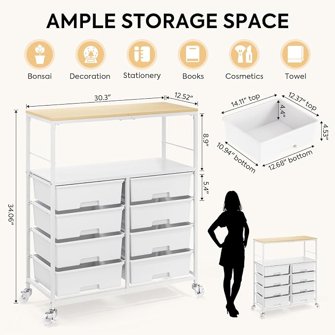 Rolling Storage Cart with 8 Large Drawers, Wooden Tabletop | Open Storage Shelves, Mobile Craft Organizer with Lockable Wheels for Home, Classroom, Office Supplies & Art Studio,White - Image 3