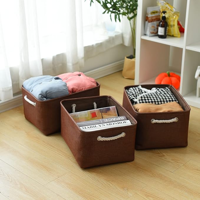 Decorative Basket Rectangular Fabric Storage Bin Organizer Basket with Handles for Clothes Storage (Brown,Large-3Pack,15.7L*11.8W*8.3H) - Image 5