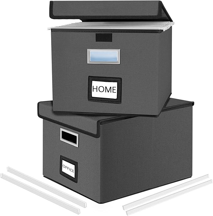 File Organizer Box with Lids, Collapsible File Folder Organizer | File Box with Plastic Slides for Document, Filing Bin for Letter Size Hanging File Folders (2 Pack, Dark Gray) by Huolewa