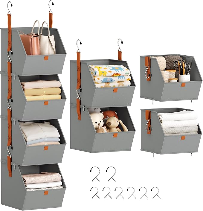 Hanging Closet Organizer 4 Tier - Clothes Hanging Shelves, Space-Saving Closet System, Fabric Storage Bins Bedroom Organization, Collapsible Baskets for Home, Dorm, Rv, Grey by Homsorout