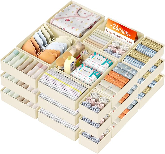 DIMJ Drawer Organizer Clothes, 26 Pack Dresser Organizer, Foldable Closet Organizers and Storage, Fabric Dresser Bins, Drawer Dividers for Nursery, Baby Clothes, Underwears, Sock (Beige) by DiMJ