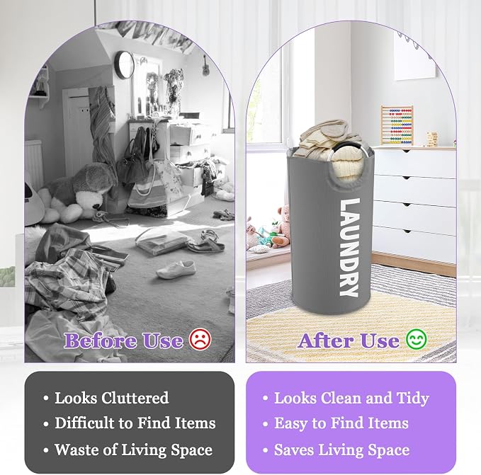 95L Collapsible Laundry Basket, Clothes Hamper with Handle, Dark Grey | IHOMAGIC Freestanding Dirty Clothes Hamper, Portable Storage Basket for Clothes, Laundry Bag for Family, Travel, Camping - Image 7