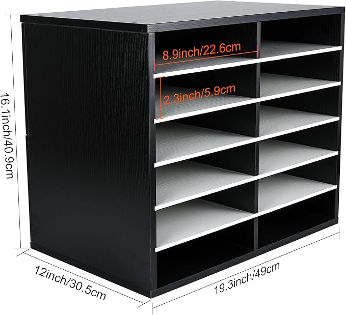 EasyPAG 12 Compartments Wooden Literature Organizer with Adjustable Shelves, 6000 Sheets Capacity Paper Organizer, Classroom Mailbox and Mail Sorter for Teachers and Office, Black/White - Image 6