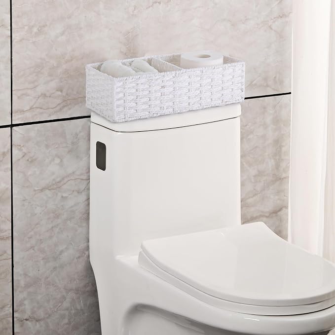 2 Section Wicker Storage Basket, Wicker Baskets for Storage, Toilet Paper Basket for Toilet Tank Top, Small Wicke Baskets for Organizing Shelves, 2-Pack, White - Image 3