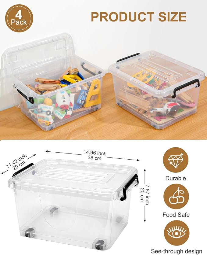 NUMIFUN 15QT Storage Bins with lids, Stackable Space Saver for Family | 4-pack BPA-free plastic boxes with secure latches. Deep recessed lids ensure safe stacking for closet & garage storage. - Image 3