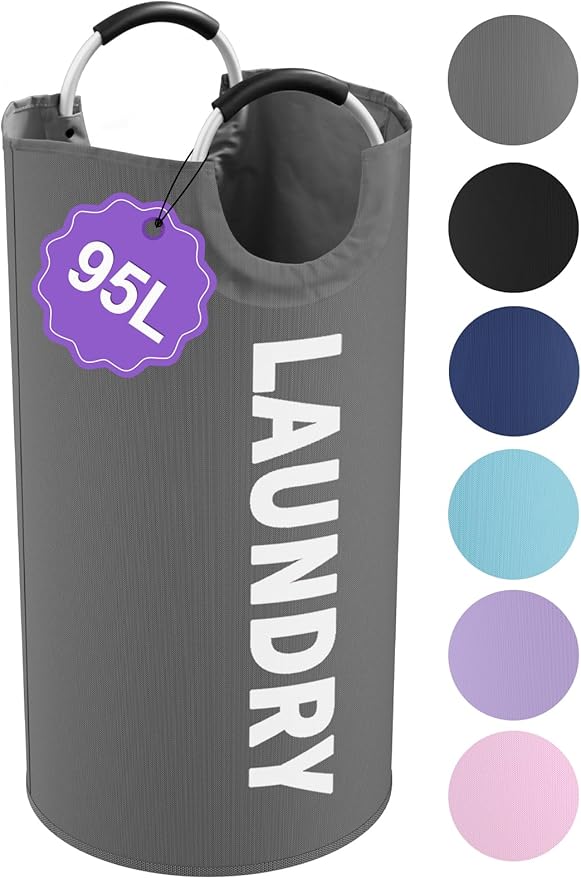 95L Collapsible Laundry Basket, Clothes Hamper with Handle, Dark Grey | IHOMAGIC Freestanding Dirty Clothes Hamper, Portable Storage Basket for Clothes, Laundry Bag for Family, Travel, Camping by IHOMAGIC