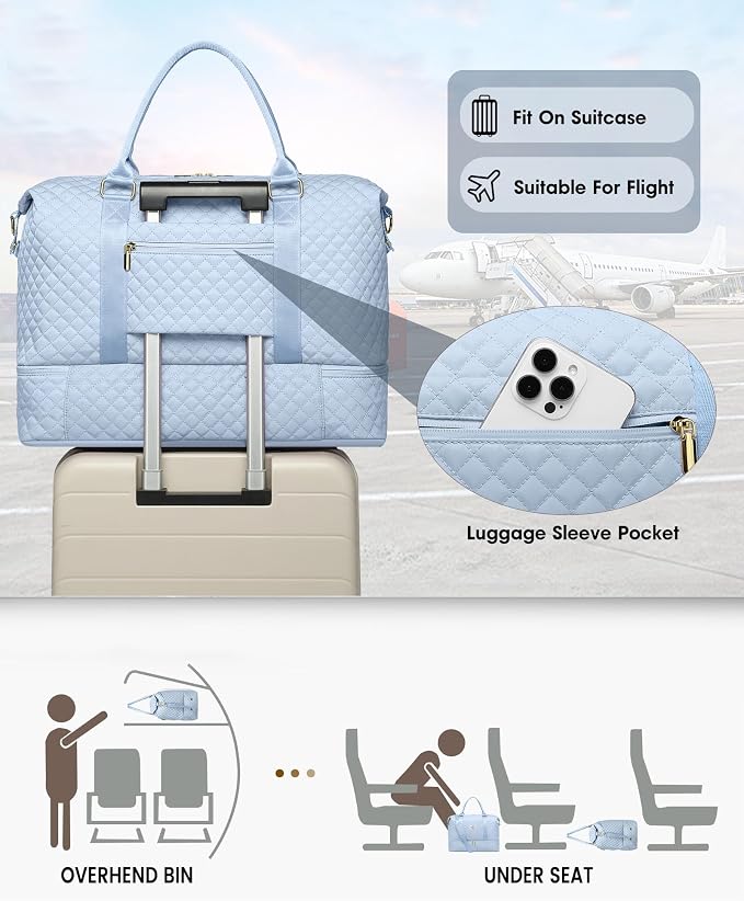 Travel Overnight Bag Weekender Bags- Duffle Bags Women with Shoe Compartment Carry on Overnight Bag with Toiletry Gym Duffel with Wet Pocket Hospital Bags Light Blue - Image 4