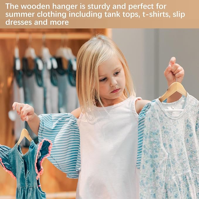 Pinkunn 50 Pcs Wooden Hangers for Baby Kids Wood Hangers Solid Baby Children's Coat with Pants Bar Shoulder Notches Anti Rust Swivel Hooks 12.6 Inch - Image 5