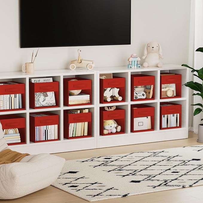 DIMJ Cube Bins, 12.2-Inch Storage Bins Cubes with Window, 6 Packs Collapsible Storage Bins with Handles, Closet Storage Baskets for Organizing Living Room, Office,8 Pack,Red - Image 6