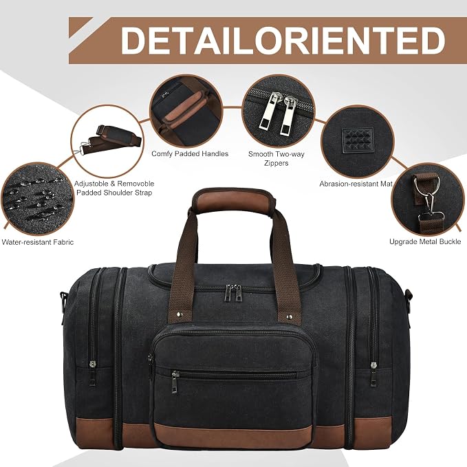 Litvyak 50L Canvas Duffle Bag for Travel Weekender Gym Overnight Carry-on | Expandable, Eco Certified, Leather Accents, Toiletry Bag Inclued, Travel Weekend Luggage Sports Duffel Bag for Women Men - Image 5