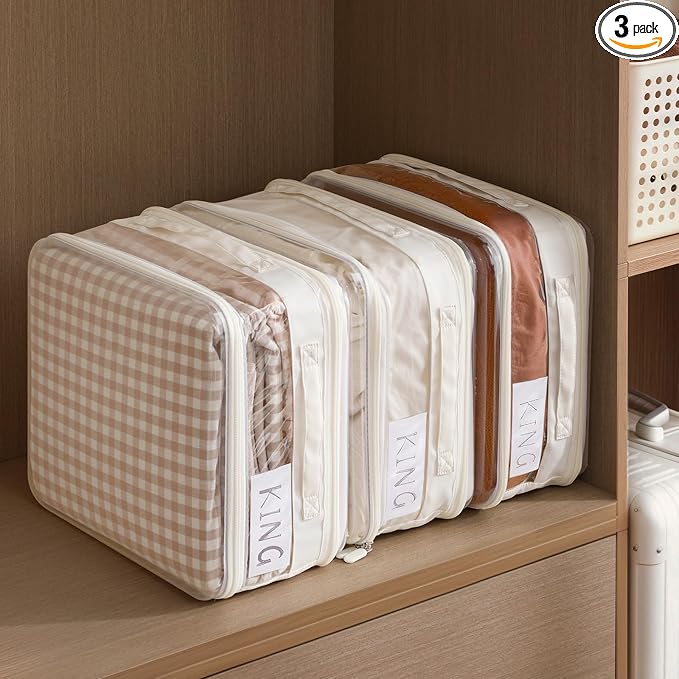 CoiiJoii 3 Pack Sheet Organizers And Storage, Double Side Clear Hard Shell Window. Expandable Blanket Storage Bags, Large Stackable Closet Storage Bins. by CoiiJoii