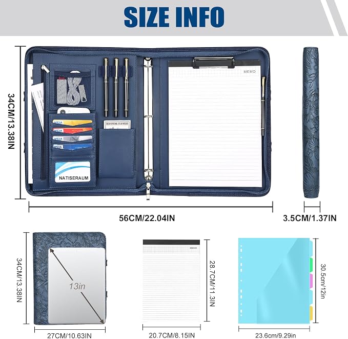 Padfolio Portfolio Binder with Handle, 3-Ring Folder Organizer, Vegan Leather Portfolio with Notepad Includes 5 Dividers with 10 Pockets for Documents Filesfor Documents Files and 1 Pen - Image 2