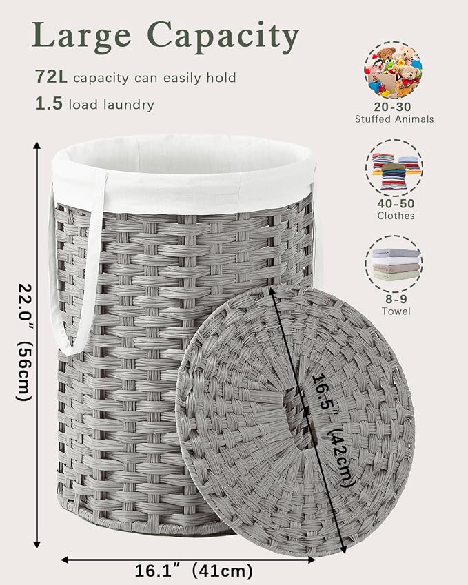 SETVSON Laundry Hamper with Lid Laundry Basket with Lid 19.0 Gal, Gray | Round Clothes Organizer with Lid, Removable Inner Liner Bag with Handles, 2 Mesh Wash Bags, Easy 5-Minute Assembly - Image 4