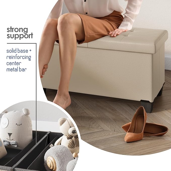 Storage Ottoman Bench with Bins, 43-in Storage Bench for Bedroom End of Bed, Folding Foot Rest Ottoman for Living Room Max 660lbs, Leather Ottomans, Beige - Image 5