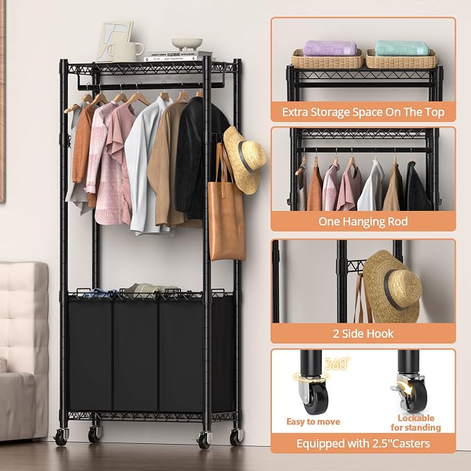 Hodonas Rolling Laundry Basket with Wheels and Hanging Bar, Black | 3 Section, with 3 Removable Bags, with 2 inches Wheels, Suitable for Storing Clothes in Laundry Bedroom Bathroom - Image 2
