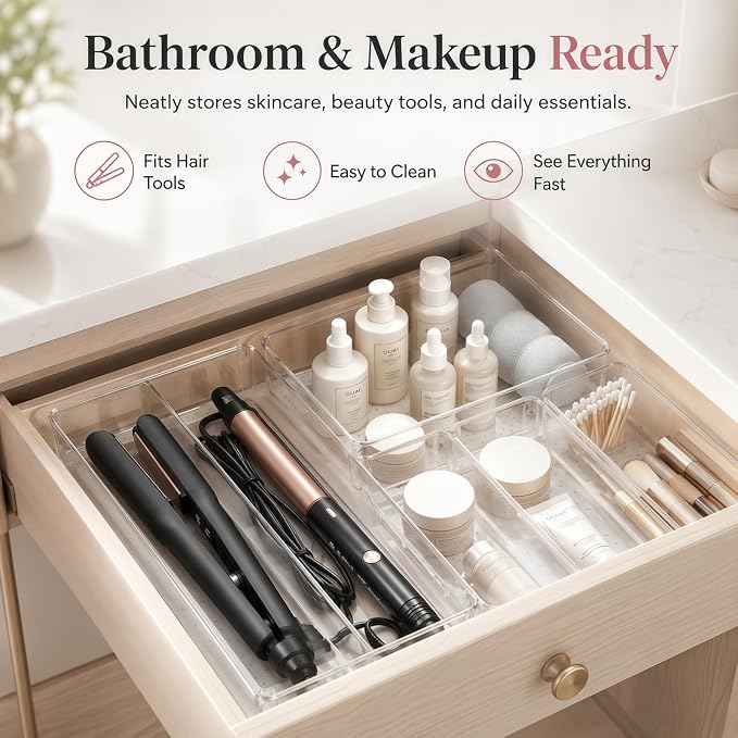 Drawer Organizer, 10 Pack Large Clear Plastic Organizer Bins 5 Sizes, Versatile Bathroom Drawer Trays, Heavy Duty Non‑Slip Drawer Dividers for Makeup, Office & Kitchen Utensils - Image 6