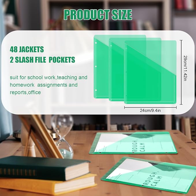 Seajan 48 Pcs Binder Pocket Folders, Clear 3 Ring Binder, Green | Plastic Folders Sleeves with 2 Pockets, Poly Slash File Jackets, 3 Hole Punched Dividers for School, Office, Documents - Image 3