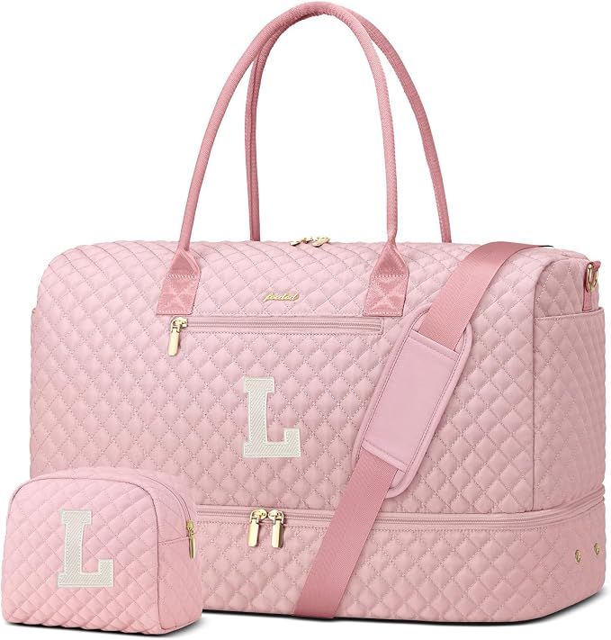 Letter Weekender Bags for Womens - Duffle Bag with Shoe Compartment Personalized Overnight Bag with Toiletry Bag Duffel Bags for Gym Hospital Bags Gift for Women Pink (Letter L) by FOCDOD
