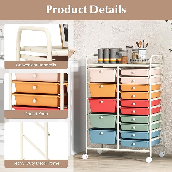 COSTWAY 15 Drawer Rolling Storage Cart, Mobile Storage Organizer | Removable Drawers & Metal Frame, Multipurpose Utility Tools Paper Organizer on Wheels for Home, Office (Macaron) - Image 6