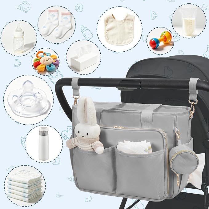 GDNasist Diaper Bag Tote, Large Travel Hospital Bag for Labor Delivery | Baby Bag with Pacifier Case, Large Capacity Travel Diaper Case with Changing Pad & Stroller Clips - Image 8