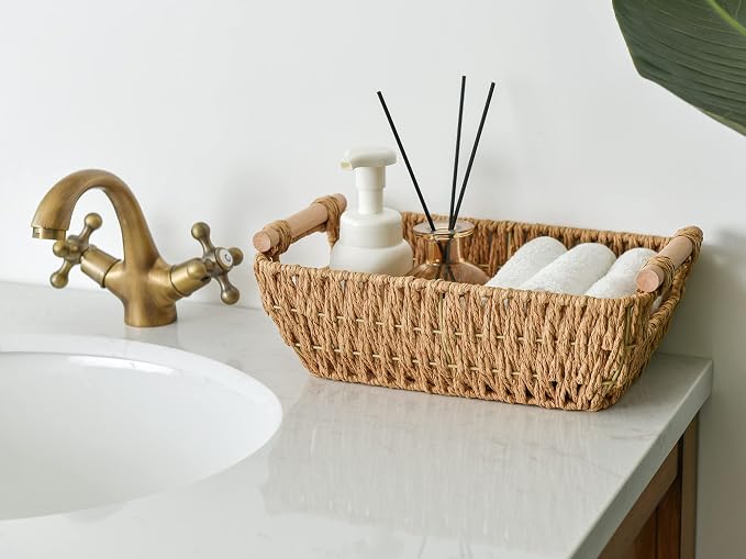 StorageWorks Hand-Woven Small Wicker Baskets, Round Paper Rope Storage Baskets with Wooden Handles, Light Brown, 2-Pack | Wicker Storage Baskets for Shelves, Baskets with Wooden Handles, 2-Pack Gifts Basket for Home Decor, Hand-Woven Basket - Image 3
