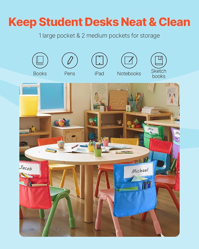 VEVOR Chair Pockets for Classroom, 24 Pack, 14 x 15 Inches Chairback Buddy Pocket with Name Tag, 6 Bright Colors, Back of Chair Organizer for Kids in Classroom, Kindergarten, School, and Home - Image 3