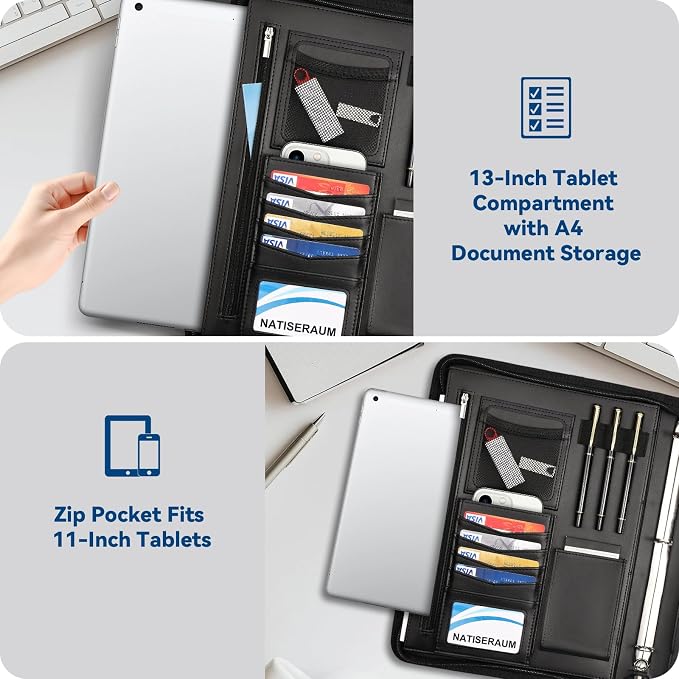 Portfolio Binder 3 Ring Includes Pen and 5 Dividers with 10 Pockets, Padfolio Organizer with Zipper for Men and Women, Includes A4 Notepad for Business, School, Work - Image 9