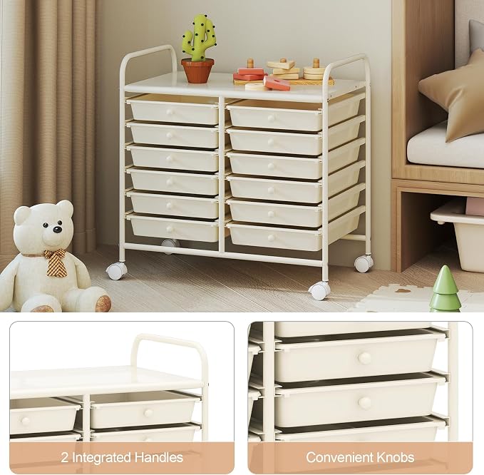 RELAX4LIFE 12-Drawer Rolling Storage Cart - Mobile Utility Cart on Wheels for School Classroom Teacher Office Salon, Paper File Art Supply Craft Organizer, Rolling Cart with Drawers (White) - Image 6