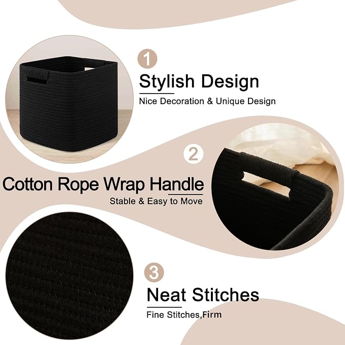 OIAHOMY Storage Cubes 11 Inch Storage Bins-3-Pack, Cotton Rope Woven Baskets for Organizing, Square Storage Baskets for Shelves Organizer, Classroom, Kids Toy Bins, Closet, Baby Nursery-Black - Image 3