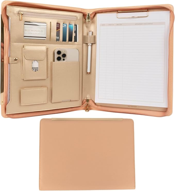 BLU MONACO | Peach Beige Vegan Leather Portfolio Binder for Women | Zipper Portfolio Binder with Gold Trim | Professional Business Portfolio with Zipper for 8.5 x 11 Documents by Blu_Monaco