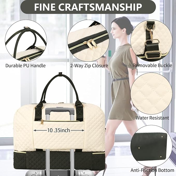 3PCS Weekender Bags for Women Large Overnight Bag, Black Beige Green | Weekender Travel Duffel Bags Carry on Shoulder with Shoe Compartment Toiletry Bag Satchel Bag for Travelling Business Gym - Image 2